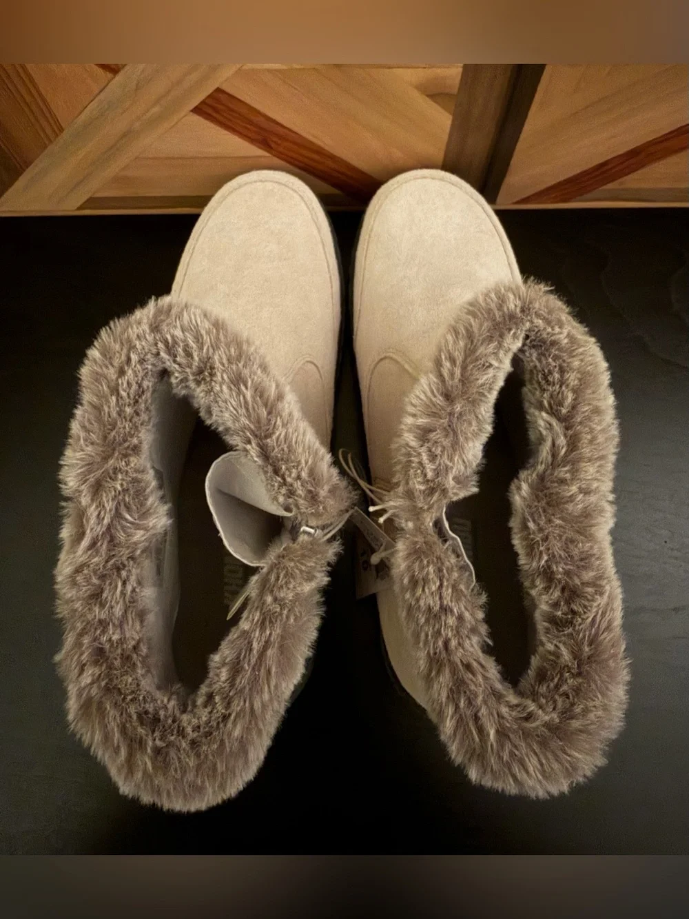 Khombu Cozy Faux Fur Winter Ankle Boots - Light Taupe, size 10